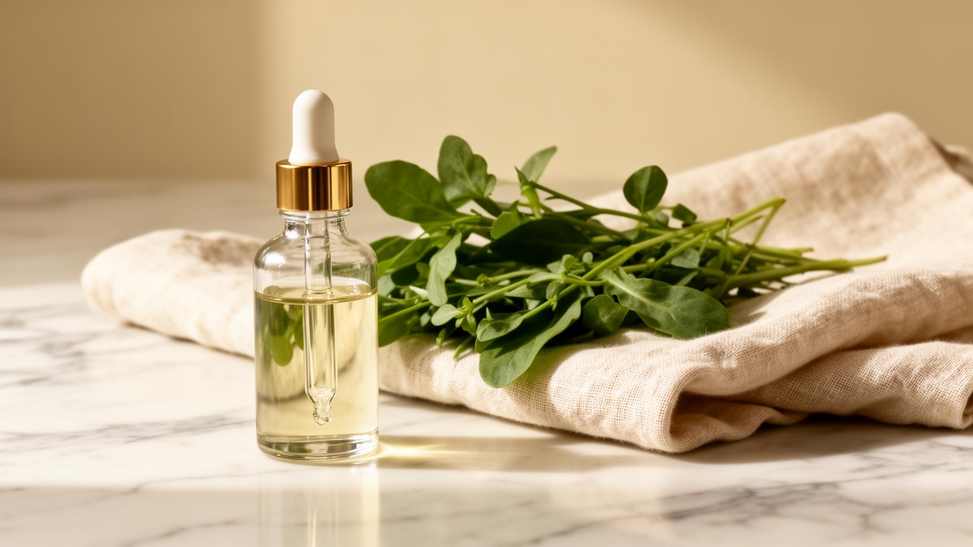 Glass dropper bottle and fresh herbs on marble